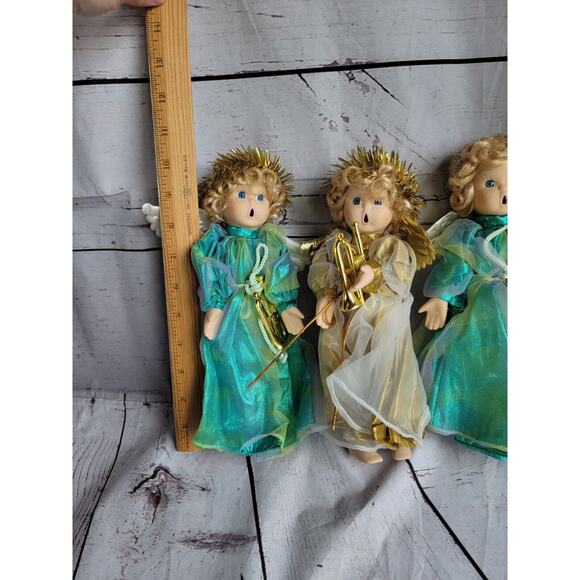 Porcelain Christmas Angel Dolls Lot 3 Dressed in Gold with Open Mouth Instrument - Picture 7 of 12